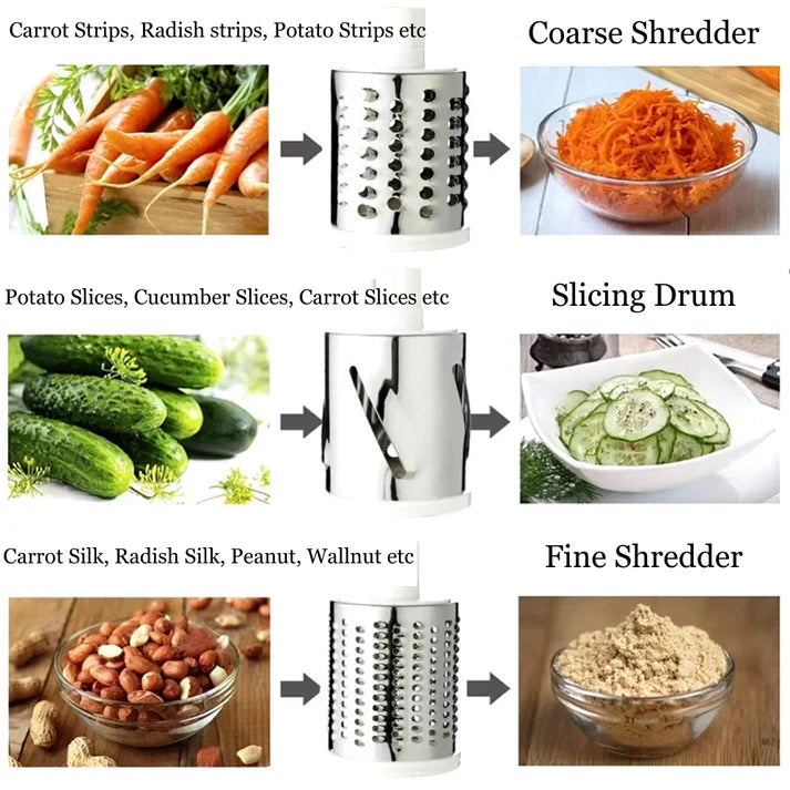 3 in 1 Rotary Drum Grater, Vegetable / Cheese Slicer, Shredder and Grater. (Kaddu Kash)